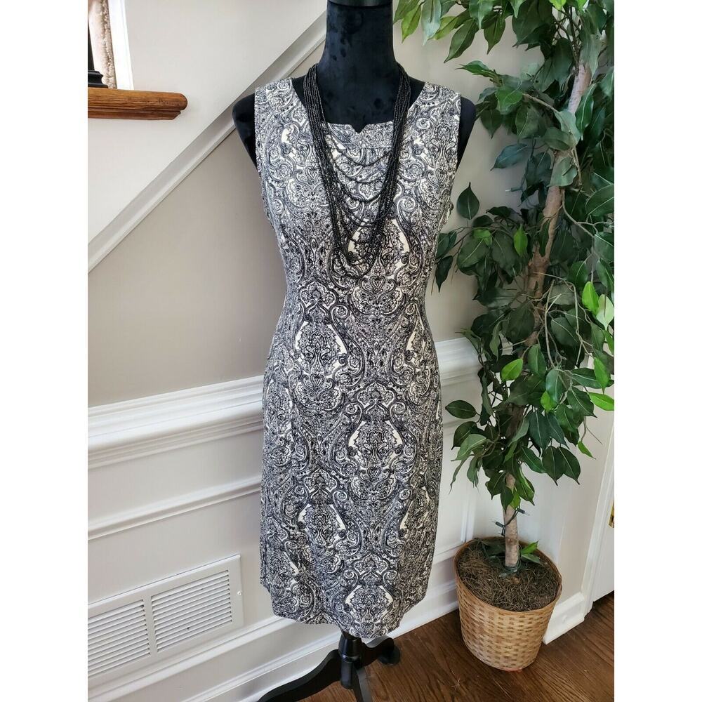 Talbots Women's Black/White Cotton Round Neck Sleeveless Knee Length Dress 6